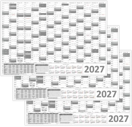 3 Stück XXL Wandkalender Wandplaner 2027 grau (gerollt) DIN A0 Format (841 x 1189 mm) 14 Monate, komplette Jahresvorschau Folgejahr und Ferientermine Feiertage aller Bundesländer