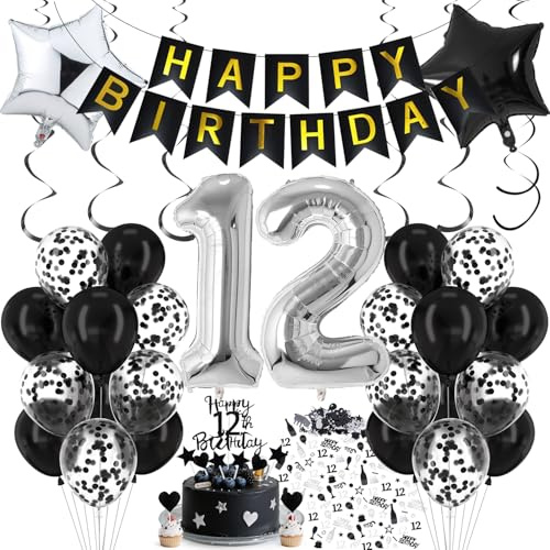 Cadimus Luftballon 12. Geburtstag Schwarz Silber, Deko 12. Geburtstag, Luftballon 12, Black and White Party Deko, Luftballons Schwarz Silber, Geburtstagsdeko für 12 Jahre Junge und Mädchen