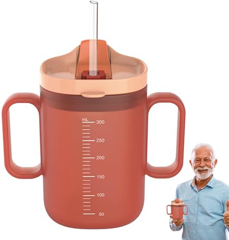 BDHYYM Gobelet ergonomique personne agee - 300 ml - Avec double poignée et paille - Pour personnes âgées - Avec couvercle - Rappel de capacité