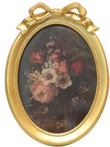 EvruCexul Vintage-Bilderrahmen, ovale Schleife, antiker Bilderrahmen mit Glasfront, schicker, kunstvoller kleiner goldener Rahmen, 12,7 x 17,8 cm, luxuriöse Tischplatte und Wandbehang, antike