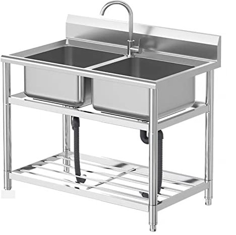 Fregadero de cocina de dos senos, de acero inoxidable, independiente, con grifo y estantes de almacenamiento, escurridor para exteriores, garaje, cocina comercial, restaurante, lavadero