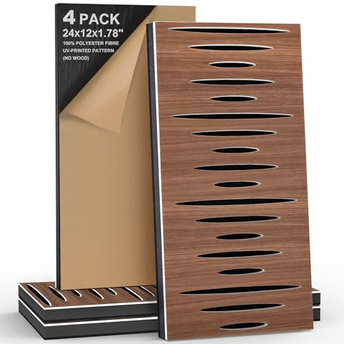 4Pack Acoustic Wall Panel Self-Adhesive Soundproof Foam Panels for Wall, 3D Perforated Tri-Layer Polyester Fiber Decorative Acoustic Insulation for Recording Studio, 24×12×1.78, Elliptical-Line