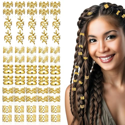 Ouligay 60 unidades de joyas doradas para el pelo, anillos para el pelo, joyas para el pelo, para festivales dorados, trenzas piratas, anillos ajustables para el cabello, accesorios para festivales