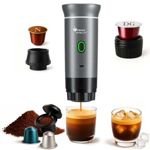 FRESH VITALITY 3-in-1 Portable Espresso Maker – Compact Coffee Machine for Travel | Compatible with Ground Coffee, Large & Small Capsules | Self-Heating, USB-C, Camping, Office & Home (Matte Silver)
