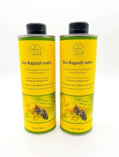 Bio-Rapsöl nativ 2x500 ml (1000 ml) kaltgepresst, angebaut und abgefüllt in Oberbayern, Naturland Landwirtschaft, für eine vegane und glutenfreie Ernährung geeignet