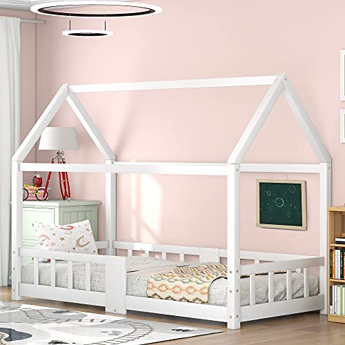 OKMYHOME Kinderbett 90 x 200 cm – Hüttenbett mit Tablet und Tafel – Kiefernholz – ohne Matratze – Weiß