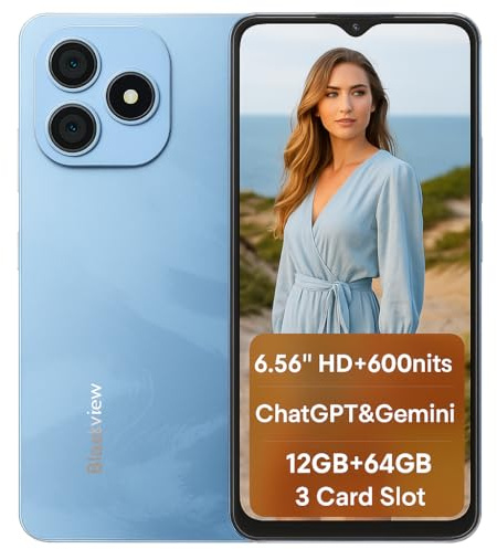 Blackview Wave 9C 4G AI Smartphone, 6,56'' 600nits Pantalla, 12GB+64GB(2TB Externa), 3 Asistentes Inteligentes IA, 13MP+8MP, 3 Ranuras para Tarjetas, Android 15 Dual SIM Móvil Libre, GPS Azul