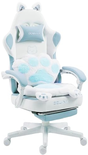 Dowinx Niedlicher Katzen Gaming Stuhl ergonomisch mit Fußstütze, Katzenpfoten Stoff Gaming Chair, Verstellbarer PC-Stuhl für Kinder, Teenager & Erwachsene, bis 140 kg, Blau Weiß