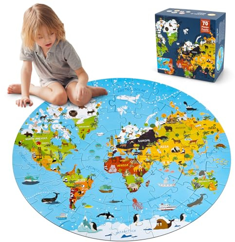Funsland Kinderpuzzle ab 3, Weltkarte Bodenpuzzle, 70 Teile, Rund 3-7 Jährige Kinder Puzzle Spielzeug, Puzzles für Jungen und Mädchen 8-10 Jahren Geburtstagsgeschenk
