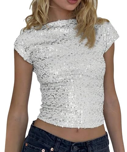 Damen-Tanktop mit Glitzer-Pailletten Pailletten Top Rückenfrei Schimmernd Camisole Top Kurzes Glitzertop Modisches Schmales T-Shirt für Damen und Mädchen Party Outfit Kostüm Karneval