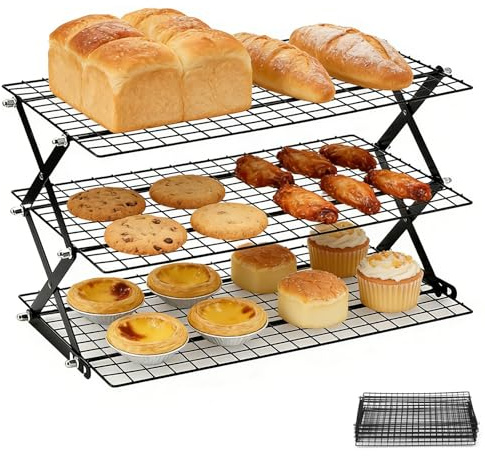 3 Stöckiges kuchengitter abkühlgitter,Klappbares Kuchengitter,Antihaftbeschichtung,Rechteckig Stapelbar Backgitter Kühlgitter,Geeignet zum Backen, Kochen, Braten und Trocknen von Keksen, Kuchen,usw