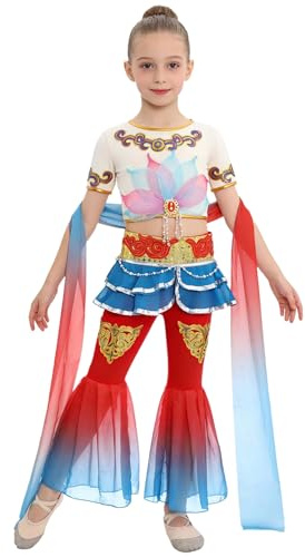 TSSOE Dunhuang danskostym barn flicka crop top och klockbyxor kostymer kinesisk flygande dans röd blå 7-8 år