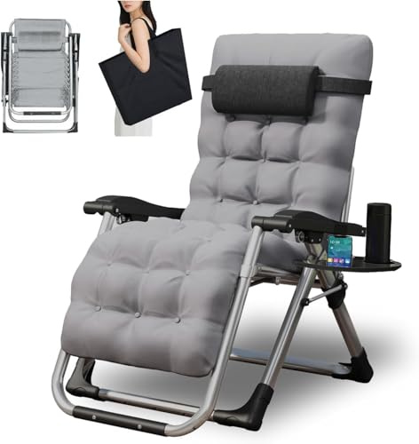 LSLIFE Zero Gravity Liegestuhl für Outdoor mit Tassenhalter & Kissen, breiter Verstellbarer Liegestuhl Klapplehnstühle Gartenstühle für Patio Garden Beach Support 200kg (grau)