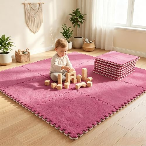12 Stück Ineinandergreifende Plüsch puzzleteppich, 30x30cm Schaumstoff Puzzle Matten Boden, puzzlematte Baby,Teppich Fliesen Schaumstoff-Bodenmatte, Wohnzimmer-Schlafzimmer-Teppichfliesen,Rosarot