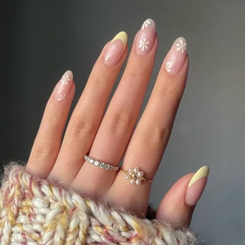 Almond Press On Nails Medium - 24Pcs False Nails with Daisy Flower Design - Oval Floral Yellow French Tip Fake Nails with Glue - Natural Glossy Full Cover Acrylic Stick on Nails for Women DIY Nail Art