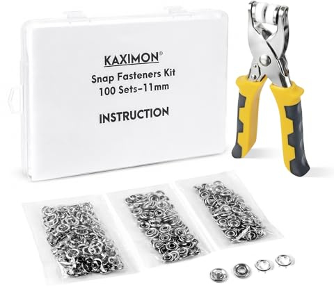 KAXIMON Kit Boutons de Pression Sans Couture, 11 mm avec Pince, 100 Sets | Bouton Pression Métal pour Cuir Souple, Jeans et Tissus jusqu'à 1,8 mm, Boutons Pression Métal Inoxydable, Lavables