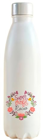 Botella térmica personalizada Super Profe con nombre para Profesores, de acero Inoxidable color blanco, tapa de rosca.