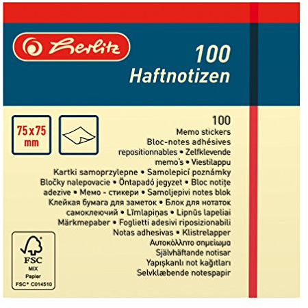 Herlitz Haftnotizen, 100 Blatt, 1 Stück, eingeschweißt, 75 x 75 mm, hellgelb