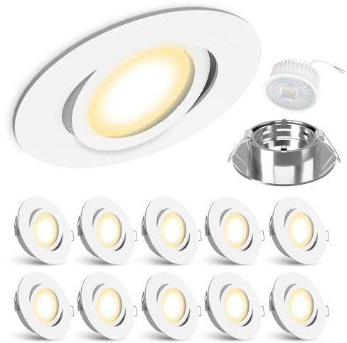 linovum 10x LED extra flache Einbauleuchte Set Form rund schwenkbar weiß lackiert - Einbaustrahler Set mit LED Module 4W Spot warmweiß - Lampe für Flur und Küche