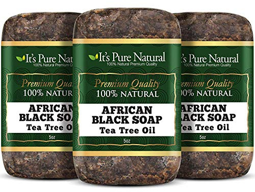 It's Pure Natural African Black Soap Bars with Tea Tree (Pack of 3) Organic Raw Soap for Face & Body, Acne Treatment & Dark Spot Remover [Made in Ghana]