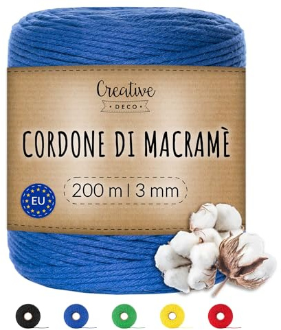 Creative Deco 200m Blau Makramee Garn 3mm | 656 Fuß | 15-lagig Schnur | Baumwollgarn Baumwoll Kordel Große Rolle Naturliche Stark | Macrame Cord 3mm für Basteln, DIY, Handwerk & Boho Deko