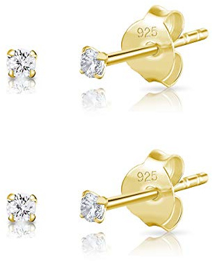 Pack de Pendientes de Botón Dorados con Circonitas - Pendientes de Botón Plata de Ley 925 Chapados en Oro 24K con Circonitas Brillantes - Hipoalergénicos Para Pieles Sensibles