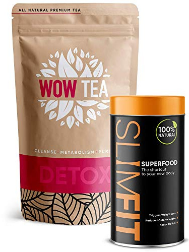 WOW TEA: Dual Box - Tee & Abnehmen pulver | Tee Fettverbrennung & Detox Tee | 9 Superfoods | Diät und Schlank Tee - 100% Bio | 300g, Made in EU