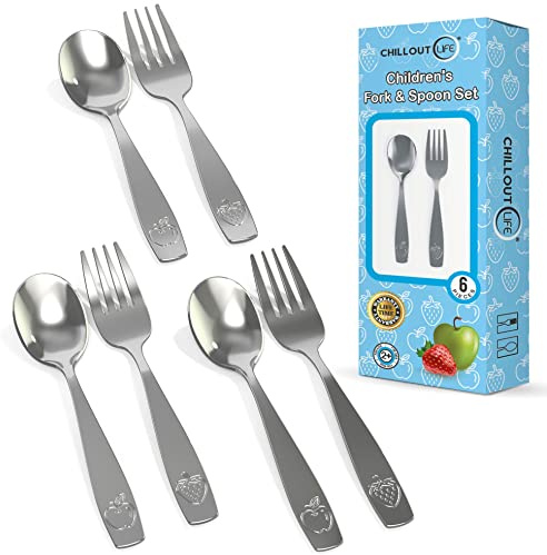 CHILLOUT LIFE Stainless Steel Kids Silverware Set 6 Pieces - Child and Toddler Safe Flatware - Kids Utensil Set - Metal Kids Cutlery Set (Includes 3 Small Kids Spoons & Kids 3 Forks)