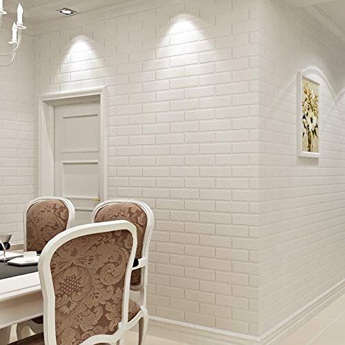 Papier peint moderne en PVC 3D en relief brique blanche pour salon, salle à manger - Papier peint autocollant - Décoration d'intérieur - Briques blanches - 10 m x 53 cm