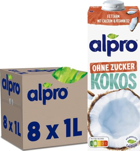 Alpro Kokosnussdrink ohne Zucker – Ohne Süßstoffe – Vegan und milchfrei – Von Natur aus laktosefrei und fettarm – Reich an Calcium und Vitaminen – 8 x 1 L