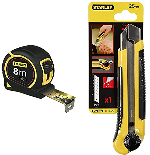 Stanley 1-30-657 - mètre Tylon Bi matière 8m x 25mm - Ruban Anti-Corrosion & 0-10-425 Cutter 25 mm Bi-matière Dynagrip - Blocage de La Lame - Chariot Porte-lame - Lame en Acier Anticorrosion