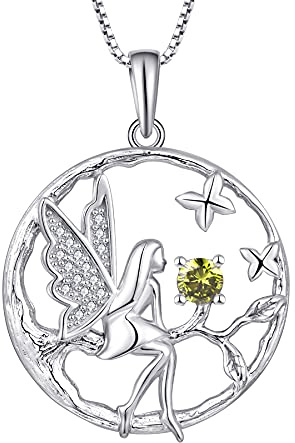FJ Schutzengel Halskette Anhänger 925 Sterling Silber Engel Kette Damen Fee Schmetterling Baum des Lebens Halskette mit Geburtsstein Zirkonia Schmuck Geschenke für Frauen Mädchen