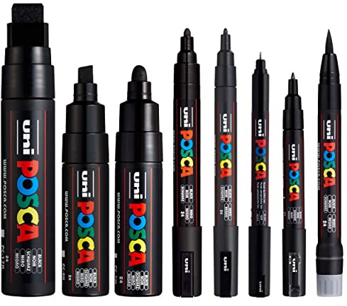 Posca - Pennarello indelebile a base d'acqua per vernice - Uso multisuperficie - (PC-17K, PC-8K, PC-7M, PC-5M, PC-3M, PC-1M, PC-1MR, PCF-350) - Confezione nera da 8 penne