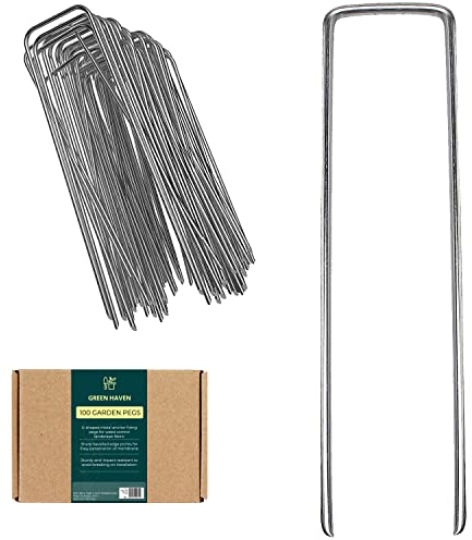 Green Haven Garden Pegs - Pack of 100 Heavy Duty Galvanised Garden Stakes, U-Shaped Weed Membrane Pegs, Galvanised Metal Stakes for Netting, Artificial Grass, Landscaping & Weed Barrier Fabric