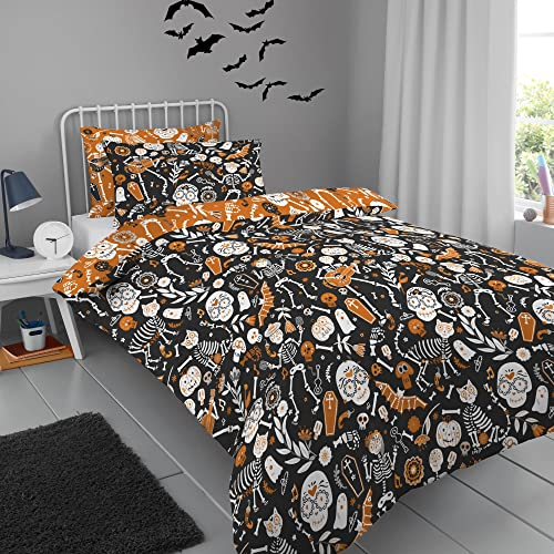 Bedlam Funda Nórdica Día de los Muertos Halloween Individual (140x200cm) - Reversible 2 Colores - Brilla en la Oscuridad - Esqueletos, Fantasmas, Murciélagos & Calaveras - Ropa de Cama Halloween