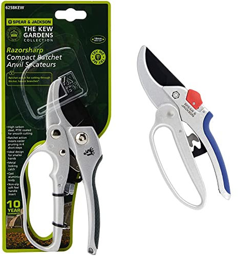 Spear & Jackson 6258KEW Kew Gardens Compact Ratchet Anvil Secateurs - Silver & 6758GS Razorsharp Geared Anvil Secateurs