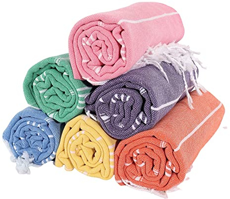 PÜSKÜL - Thin Hammam Beach Spa Towels Set of 6, 100% Turkish Cotton, 100X180 cm (Mix Color)