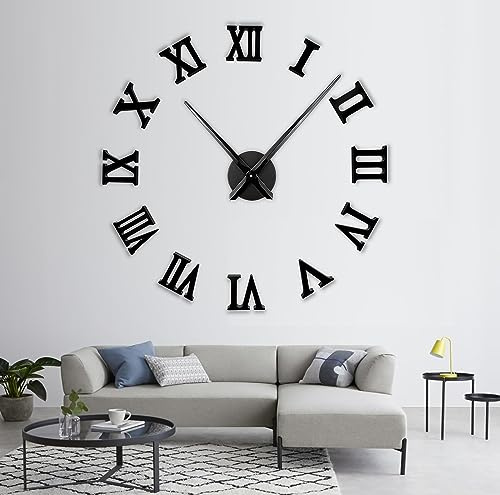R&M ORIENT® 3D Wanduhr große Moderne Mute DIY – Römische Ziffern – Luxus Dekoration Geschenk – Wandtattoo – Uhren für Büro Wohnzimmer Schlafzimmer Dekoartikel Home Office Quarzuhr (C-Schwarz)