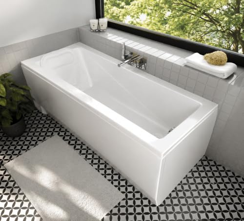 ECOLAM Badewanne Wanne Rechteck Modern Design Acryl weiß 140x70 cm + Schürze + Kopfkissen Mare + Ablaufgarnitur Ab- und Überlauf Automatik Füße Komplett-Set