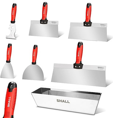 SHALL Drywall Tool Kit, 7 Pcs Stainless Steel Set Includes Putty Knife, Taping Knife, Painter Scraper Tool & 12 Mud Pan for Joint Taping, Finishing, Patching