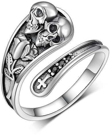 flysclean Skull Ring 925 Sterling Silver Spoon Rings for Women Vintage Adjustable Skull Rings for Women Gothic Jewelry Gifts for Women Girls