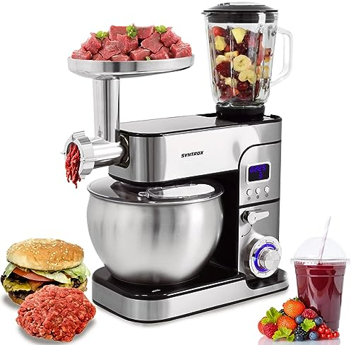 Syntrox Küchenmaschine Schwarz, Edelstahl 7 Liter Küchengerät & Fleischwolf, Zubehör für Teig und Cremes, LED-Display Timerfunktion, 1300 Watt, einfache Bedienung