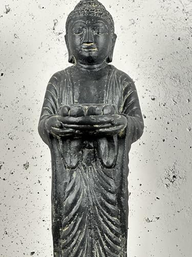 Bali Möbel Buddha mit Kerze Steinfigur stehend - Höhe 50cm, handgefertigte Stein Skulptur, für Innen & Außen, ideal als Garten Statue & Garten Deko, Frost- & wetterfest
