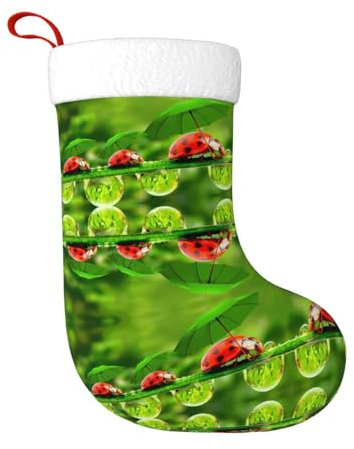 HAHAFU Lustiger Marienkäfer mit Regenschirmen, personalisierter Weihnachtsstrumpf, großer Druck, flauschige hängende Socken für Weihnachtsdekorationen