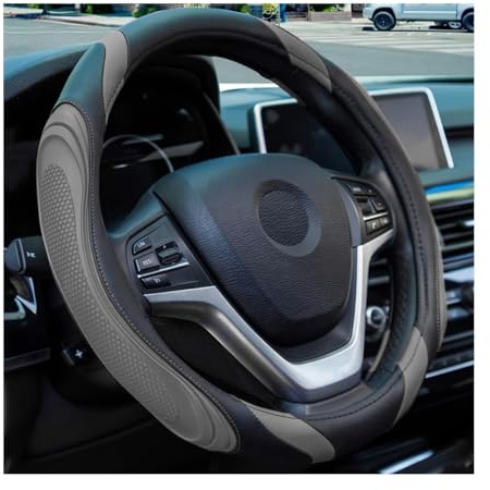 Osilly 15 Inch Car Leather Steering Wheel Cover, Automotive Accessories Elastic Breathable Anti-Slip Soft Wheel Protector Fits Men and Women, Suitable for SUVs, Trucks, Vehicles and RVs (Gray)