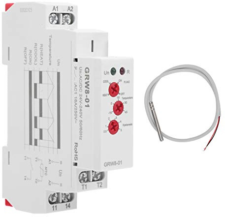 Temperaturkontrollrelais mit LED-Anzeige, AC/DC 24V-240V, -15°C bis +45°C Messbereich, Heiz-/Kühlmodus