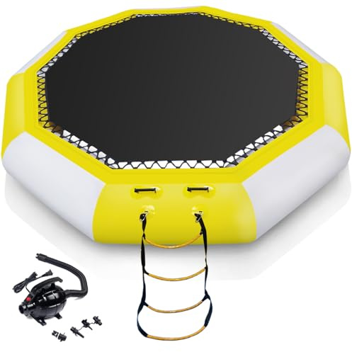 XHYCPY Inflatable Water Trampoline, 10FT/12FT Recreational Water Bouncer w/Inflator, Rope Ladder, Storage Bag, Portable Bounce Swim Platform for Lakes, Pools, Calm Sea