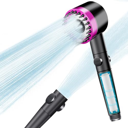 Cabezal de ducha con filtro, cabezal de ducha de alta presión con ahorro de agua, teleducha de masaje con 3+1 modos de rociado, cabezal de ducha tipo lluvia con función de parada (Rosa)