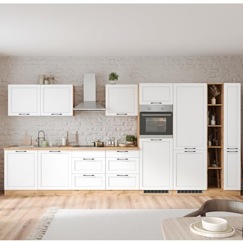 Lomadox Küche Einbauküche Küchenzeile 420 cm mit E-Geräten in weiß und Eiche, Arbeitsplatte in Eiche, inkl. Dunstabzugshaube, Induktionskochfeld, Backofen, Geschirrspüler, Kühlgefrierkombi