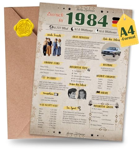 Sugeru Besondere Geburtstagskarte mit Umschlag | Jahrgang Geschenk | geburtstag frau mann | Geburtstagsdeko lustig,Tolle Geschenkidee,Chronik,Karte,Jubiläum- DIN A4 (1984)